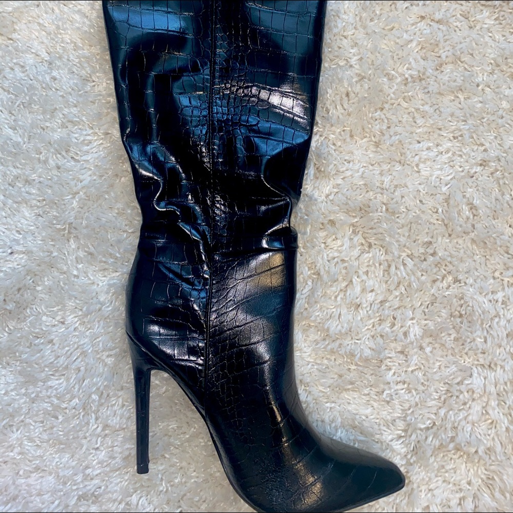 Black snake skin knee high fashion boots